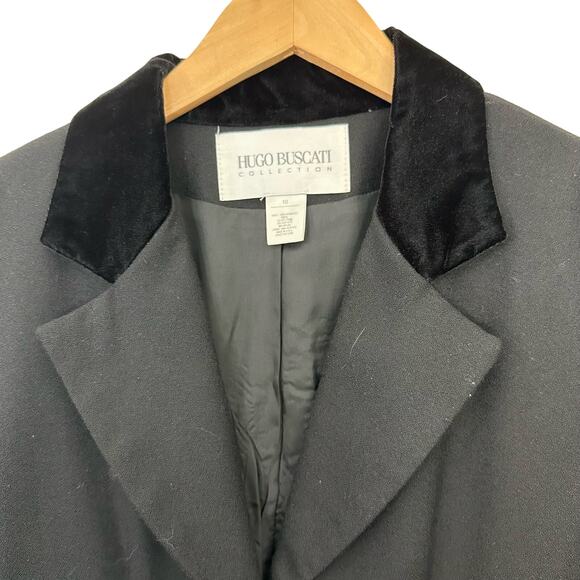 Hugo Buscati Women's Size 10‎ Black Long Blazer Velvet Details 6 Button Front - Picture 5 of 6